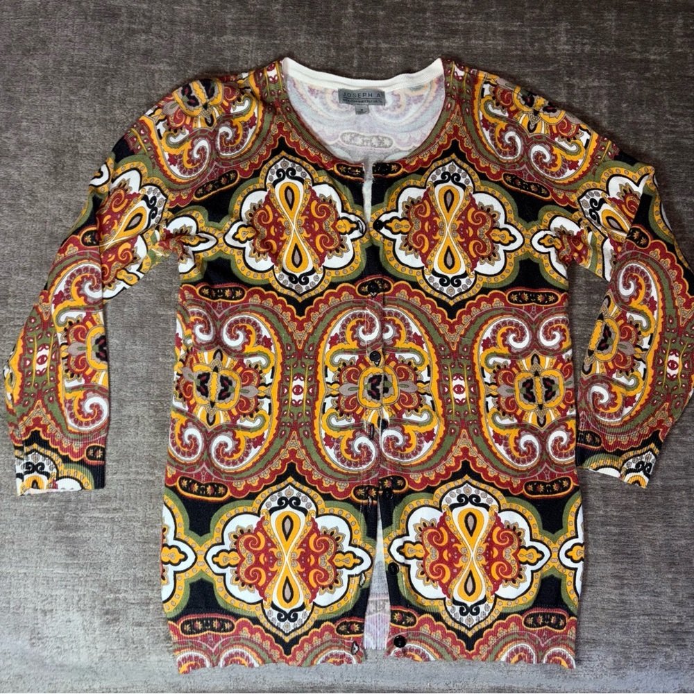 Joseph A Sweater SMALL Fall Colors Paisley Green Mustard Button Down Light Black
